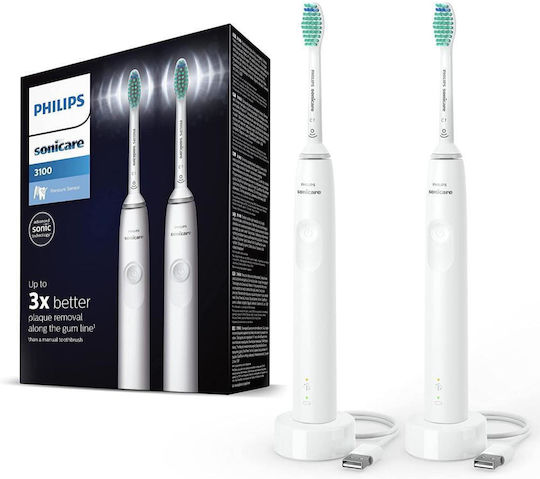 Philips Sonicare 3100 Ηλεκτρική Οδοντόβουρτσα με Χρονομετρητή και Αισθητήρα Πίεσης 2τμχ White Διπλή Συσκευασία - Image 3