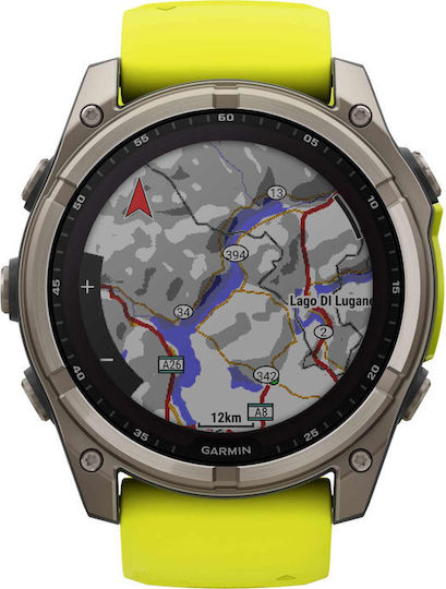 Garmin Fenix 8 Solar Titanium 51mm Αδιάβροχο Smartwatch με Παλμογράφο (Sapphire, Titanium With Amp Yellow/Graphite Silicone Band)