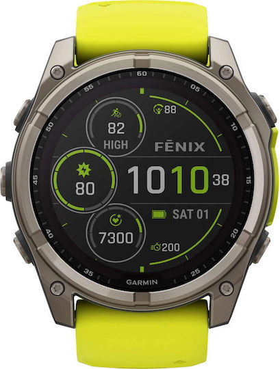Garmin Fenix 8 Solar Titanium 51mm Αδιάβροχο Smartwatch με Παλμογράφο (Sapphire, Titanium With Amp Yellow/Graphite Silicone Band) - Image 4