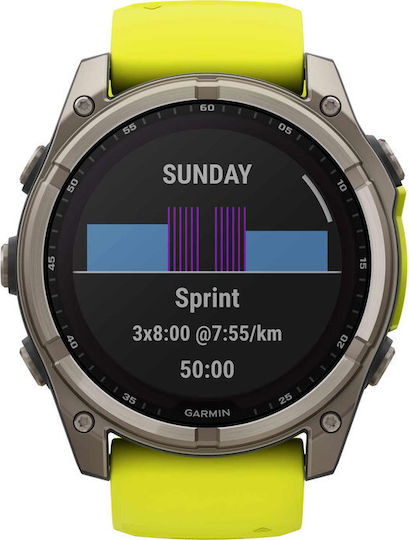 Garmin Fenix 8 Solar Titanium 51mm Αδιάβροχο Smartwatch με Παλμογράφο (Sapphire, Titanium With Amp Yellow/Graphite Silicone Band) - Image 8