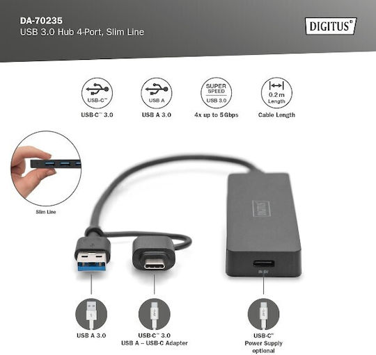 Digitus USB 3.0 Hub 5 Θυρών με σύνδεση USB-A / USB-C (DA-70235) - Image 4