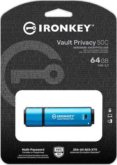 Kingston IronKey Vault Privacy 50 64GB USB 3.2 Stick με σύνδεση USB-C Μπλε - Image 3