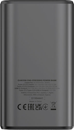 Canyon OnPower 130 10000mAh 30W με Θύρα USB-A και 2 Θύρες USB-C Power Delivery Dark Gray - Image 3