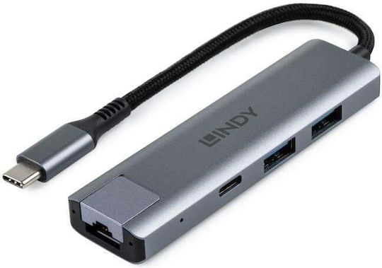 Lindy USB 3.2 Hub 3 Θυρών με σύνδεση USB-A / Ethernet Γκρι - Image 2