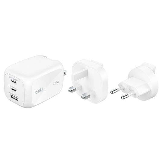 Belkin Φορτιστής Χωρίς Καλώδιο GaN με Θύρα USB-A και 2 Θύρες USB-C 100W Power Delivery Λευκός (BoostCharge Pro)