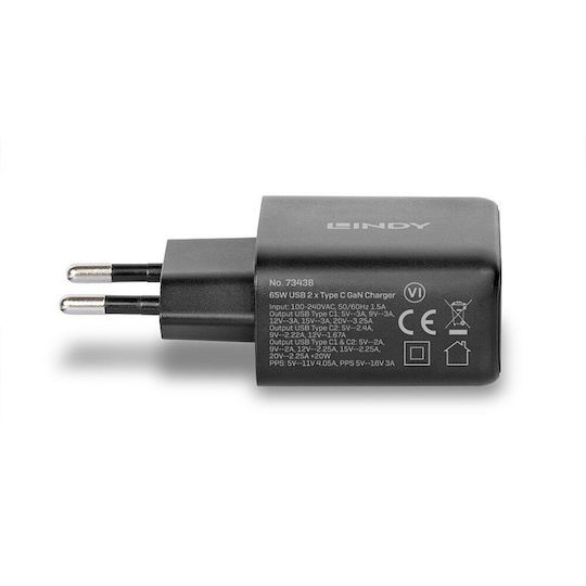 Lindy Φορτιστής Χωρίς Καλώδιο GaN με 2 Θύρες USB-C 65W Power Delivery Μαύρος - Image 2