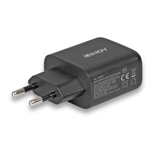Lindy Φορτιστής Χωρίς Καλώδιο GaN με 2 Θύρες USB-C 65W Power Delivery Μαύρος - Image 3