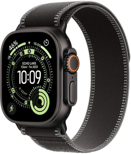 Apple Watch Ultra 3 Titanium 49mm Αδιάβροχο με eSIM και Παλμογράφο (Black Titanium Case with Black/Charcoal Trail Loop - M/L)