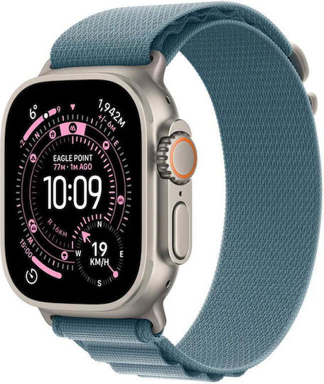 Apple Watch Ultra 3 Titanium 49mm Αδιάβροχο με eSIM και Παλμογράφο (Natural Titanium Case with Light Blue Alpine Loop - Small)