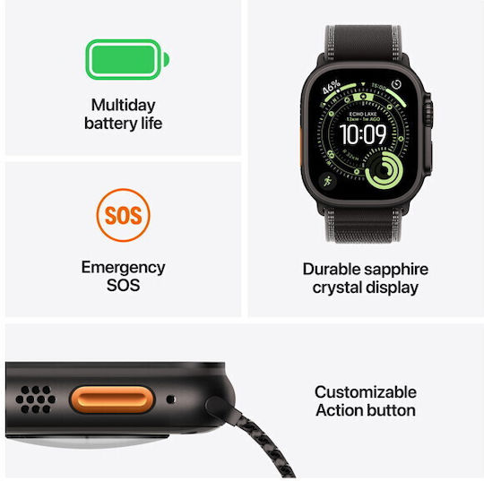 Apple Watch Ultra 3 Titanium 49mm Αδιάβροχο με eSIM και Παλμογράφο (Black Titanium Case with Black/Charcoal Trail Loop - M/L) - Image 2