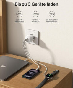 Alternative view of Belkin 3-port Usb C Charger 70w Gan Charger Including Plugs Usa Uk Eu 2 Usb-c Ports 1 Usb-a Port Fast Charger Macbook Iphone Ipad Pro Samsung Galaxy Pixel Etc – White