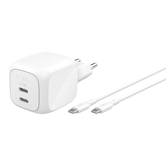 Belkin Φορτιστής GaN με 2 Θύρες USB-C και Καλώδιο USB-C 50W Power Delivery Λευκός (BoostCharge Pro)