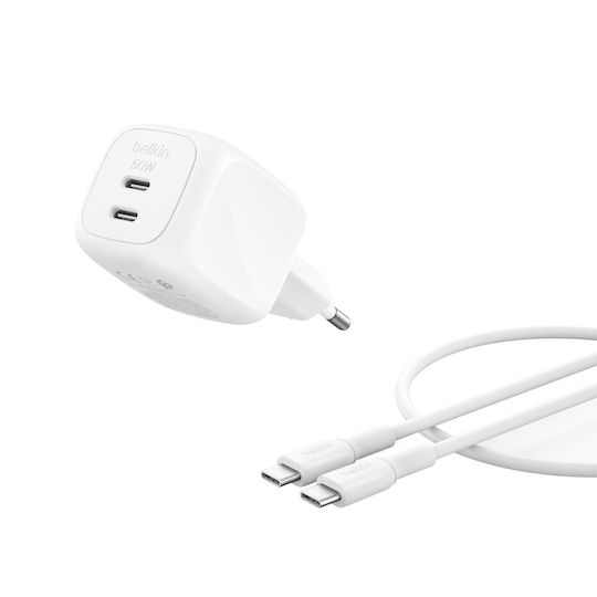 Belkin Φορτιστής GaN με 2 Θύρες USB-C και Καλώδιο USB-C 50W Power Delivery Λευκός (BoostCharge Pro) - Image 4