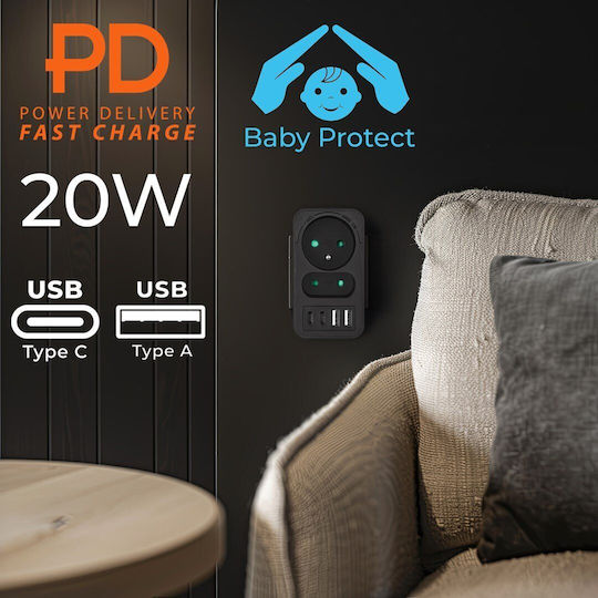 Maclean Energy Πολύπριζο 2 Θέσεων με 2 USB-A και 2 USB-C Χωρίς Καλώδιο MCE249 - Image 2