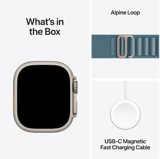 Apple Watch Ultra 3 Titanium 49mm Αδιάβροχο με eSIM και Παλμογράφο (Natural Titanium Case with Light Blue Alpine Loop - Medium) - Image 5