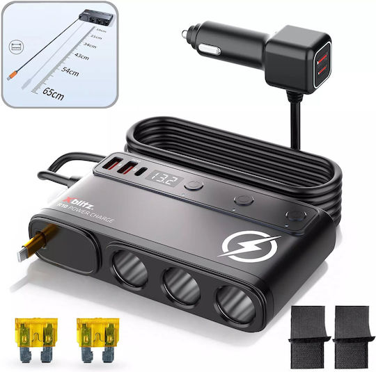 Xblitz Φορτιστής Αυτοκινήτου με Θύρες: 3xUSB 1xType-C 3xΑναπτήρα Μαύρο Χρώμα - Image 4
