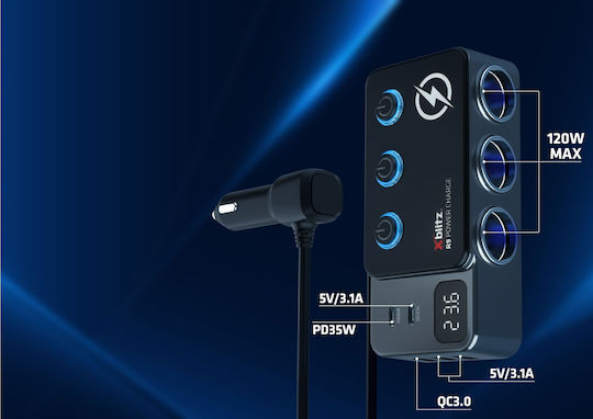 Xblitz Φορτιστής Αυτοκινήτου 35W με Θύρες: 3xUSB 2xType-C 3xΑναπτήρα Μαύρο Χρώμα - Image 2