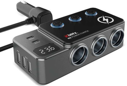 Xblitz Φορτιστής Αυτοκινήτου 35W με Θύρες: 3xUSB 2xType-C 3xΑναπτήρα Μαύρο Χρώμα - Image 3