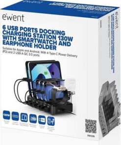 Alternative view of Ewent Βάση Φόρτισης με 2 Θύρες USB-A και 4 Θύρες USB-C 130W Power Delivery / Quick Charge 3.0 σε Μαύρο χρώμα (EW1335)