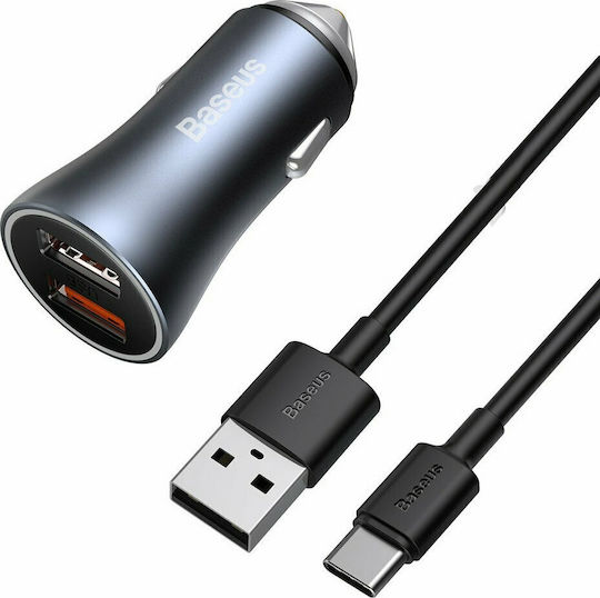 Baseus Φορτιστής Αυτοκινήτου 40W 5A Γρήγορης Φόρτισης με Θύρες: 2xUSB μαζί με Καλώδιο Type-C Γκρι TZCCJD-A0G