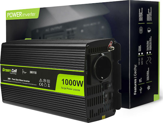 Green Cell Inverter Αυτοκινήτου Καθαρού Ημιτόνου 1000W για Μετατροπή 24V DC σε 230V AC με 1xUSB - Image 2