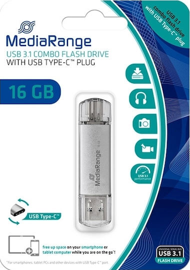 Mediarange Usb 3.0 Combo Flash Drive Usb Type C 16gb Silver - Image 3