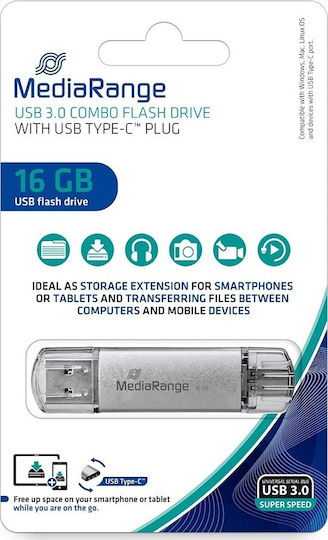 Mediarange Usb 3.0 Combo Flash Drive Usb Type C 16gb Silver - Image 2