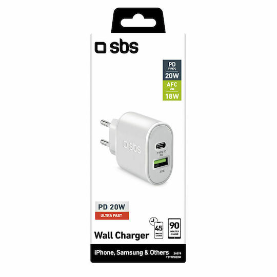 SBS Φορτιστής Χωρίς Καλώδιο με Θύρα USB-A και Θύρα USB-C 20W Power Delivery Λευκός (TETRPD20W) - Image 2
