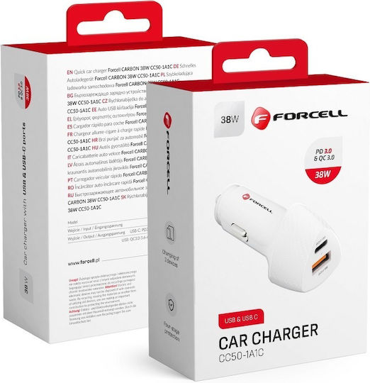 Forcell Φορτιστής Αυτοκινήτου CC50-1A1C 38W 5A Γρήγορης Φόρτισης με Θύρες: 1xUSB 1xType-C Λευκός FOCC-134555 - Image 3