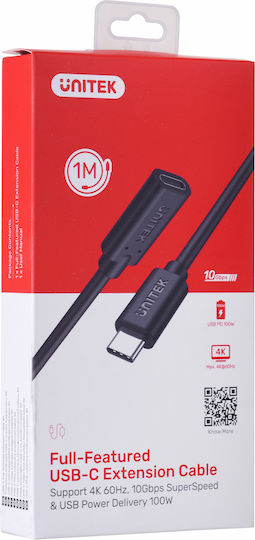 Unitek USB 3.2 Cable USB-C male - USB-C female 100W Μαύρο 1m (C14086BK-1M) - Image 3