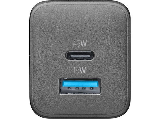 Cellular Line Φορτιστής Χωρίς Καλώδιο GaN με Θύρα USB-A και Θύρα USB-C 45W Μαύρος (ACHUSBGAN2PD45WK) - Image 3