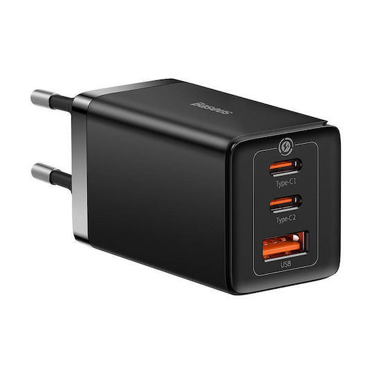 Baseus Φορτιστής GaN με Θύρα USB-A και 2 Θύρες USB-C και Καλώδιο USB-C - USB-C 65W Quick Charge 3.0 Μαύρος (Gan5)
