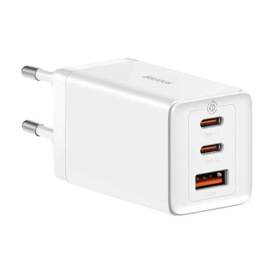 Baseus Φορτιστής GaN με Θύρα USB-A και 2 Θύρες USB-C και Καλώδιο USB-C - USB-C 65W Quick Charge 3.0 Λευκός (Gan5)