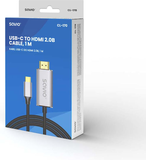 Savio CL-170 HDMI 2.0 Cable HDMI male - USB-C male 1m Ασημί - Image 2