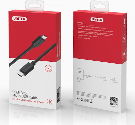 Unitek USB 2.0 Cable USB-C male - micro USB-A Μαύρο 1m (Y-C473BK) - Image 3