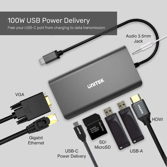 Unitek uHUB O8+ USB-C Docking Station με HDMI 4K PD Ethernet και σύνδεση 2 Οθονών Ασημί - Image 5