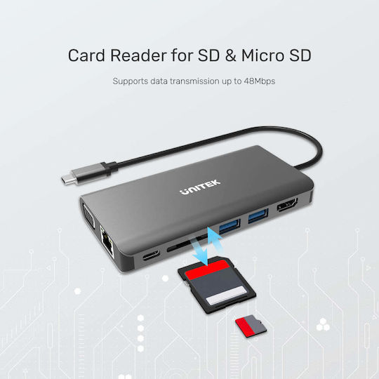 Unitek uHUB O8+ USB-C Docking Station με HDMI 4K PD Ethernet και σύνδεση 2 Οθονών Ασημί - Image 6