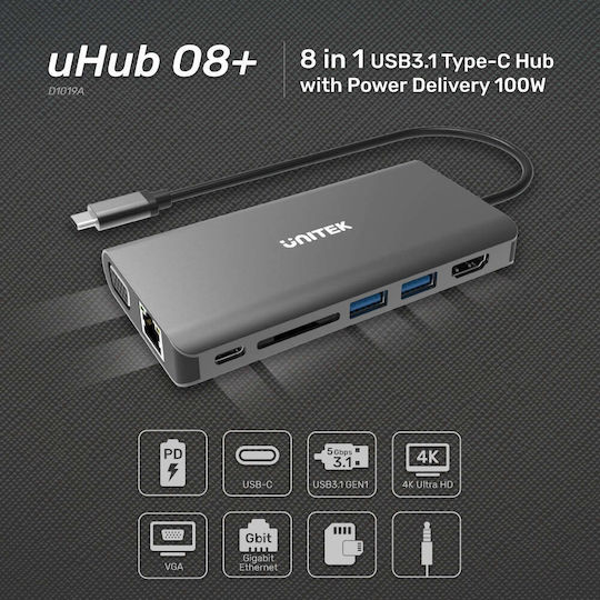 Unitek uHUB O8+ USB-C Docking Station με HDMI 4K PD Ethernet και σύνδεση 2 Οθονών Ασημί - Image 4