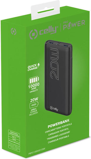 Celly Power Bank 10000mAh 20W με 2 Θύρες USB-A και Θύρα USB-C Power Delivery Μαύρο - Image 4