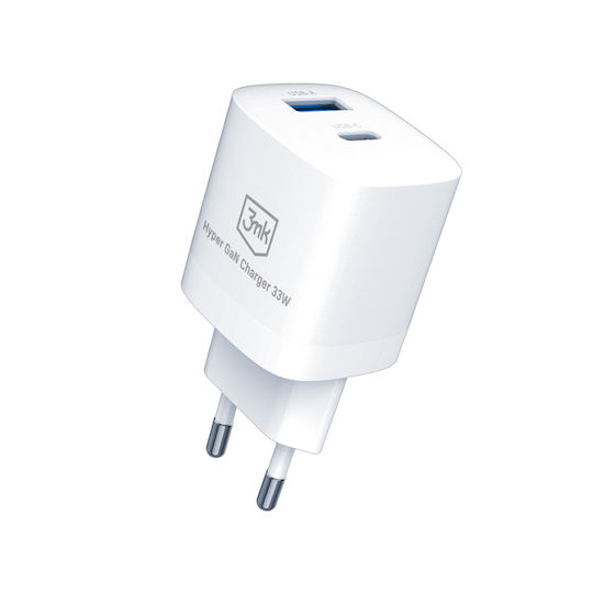 3MK Φορτιστής Χωρίς Καλώδιο GaN με Θύρα USB-A και Θύρα USB-C 33W Power Delivery Λευκός (Hyper GaN) - Image 2