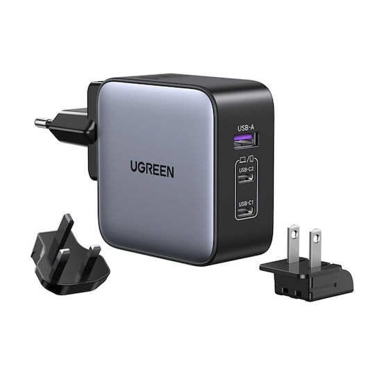 Ugreen Φορτιστής Χωρίς Καλώδιο GaN με Θύρα USB-A και 2 Θύρες USB-C 65W Γκρι (Worldwide Travel CD296)