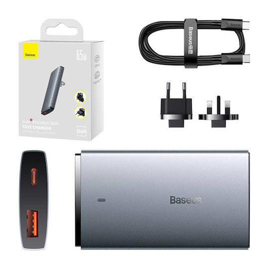 Baseus Φορτιστής GaN με Θύρα USB-A και Θύρα USB-C και Καλώδιο USB-C 65W Γκρι (Gan5)