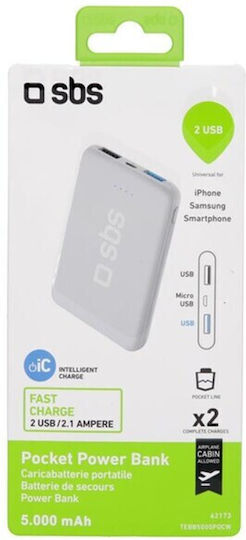SBS Pocket Line Power Bank 5000mAh με 2 Θύρες USB-A Λευκό - Image 3