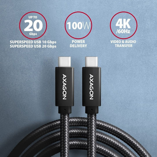 Axagon Braided USB 3.2 Cable USB-C male - USB-C 100W Μαύρο 2m (BUCM32-CM20AB) - Image 2