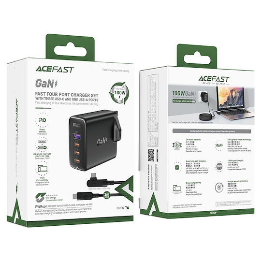 Acefast Φορτιστής GaN με Θύρα USB-A και 3 Θύρες USB-C και Καλώδιο USB-C 100W Power Delivery / Quick Charge 2.0 / Quick Charge 3.0 / Quick Charge 4+ White / Black (2xA40 UK Socket) - Image 3