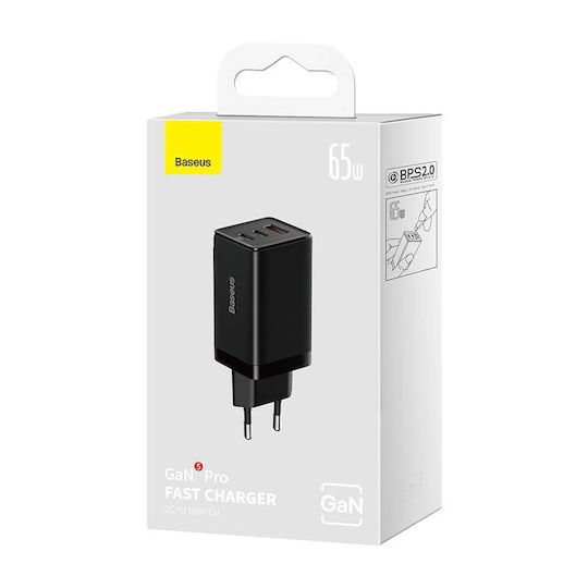 Baseus Φορτιστής GaN με Θύρα USB-A και 2 Θύρες USB-C και Καλώδιο USB-C - USB-C 65W Quick Charge 3.0 Μαύρος (Gan5) - Image 6