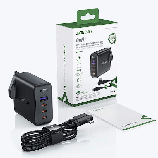 Acefast Φορτιστής GaN με Θύρα USB-A και 3 Θύρες USB-C και Καλώδιο USB-C 100W Power Delivery / Quick Charge 2.0 / Quick Charge 3.0 / Quick Charge 4+ White / Black (2xA40 UK Socket) - Image 6