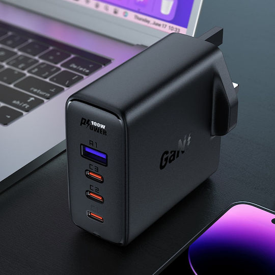 Acefast Φορτιστής GaN με Θύρα USB-A και 3 Θύρες USB-C και Καλώδιο USB-C 100W Power Delivery / Quick Charge 2.0 / Quick Charge 3.0 / Quick Charge 4+ White / Black (2xA40 UK Socket) - Image 5