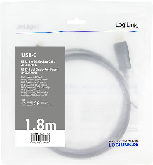 LogiLink USB 3.2 Cable USB-C male - DisplayPort Μαύρο 1.8m (UA0335) - Image 3