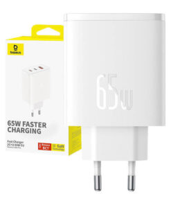 Baseus Φορτιστής Χωρίς Καλώδιο GaN με Θύρα USB-A και 2 Θύρες USB-C 65W Power Delivery / Quick Charge 3.0 Λευκός (Cube Pro)